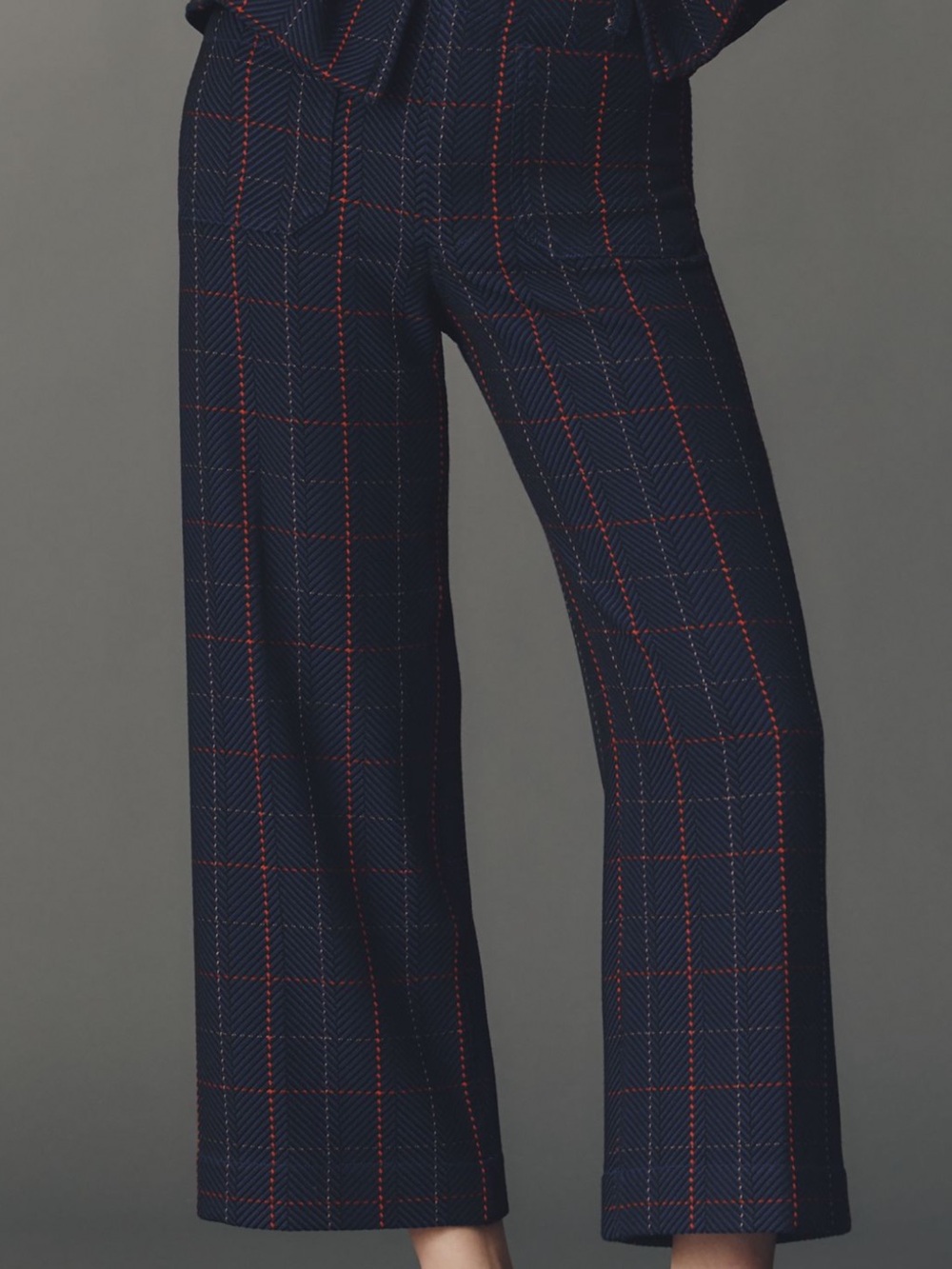 Plaid Cropped Wide-Leg Pants in Navy with Red Grid